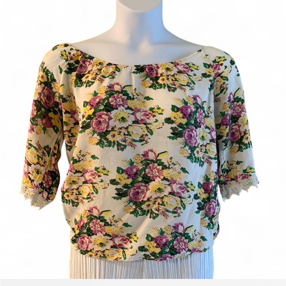 Boho Coquette Blue Sketch Floral Off-Shoulder Women's Top Size L